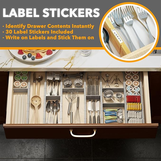 SpaceAid Bamboo Drawer Dividers with Inserts and Labels, Kitchen Adjustable Drawer Organizers, Expandable Organization for Home, Office, Dressers, 7 Dividers with 15 Inserts (17"-22" Gray) - Image 3