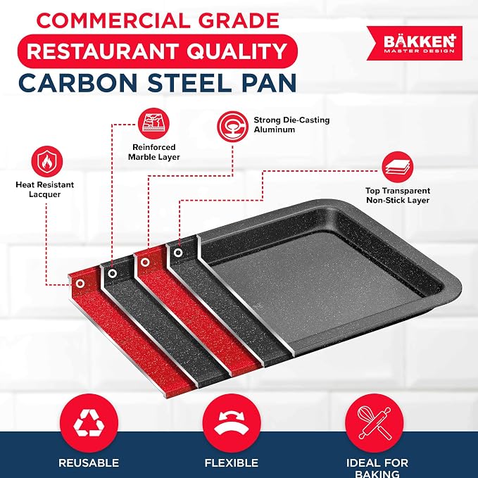 BAKKEN 3-Piece Kitchen Baking Pans - Small, Medium, and Large Cookie Pan, With Nonstick Coating, Stackable and Space-saving Design, PFOA, PFOS, PTFE Free, Oven Safe Tray (Up To 450°F), Gray Marble - Image 3