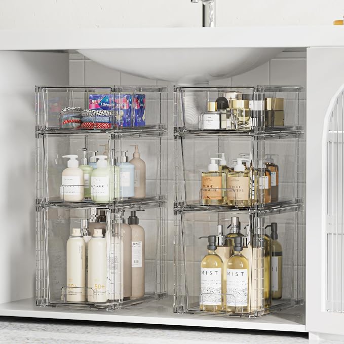 Vtopmart 6 Pack Clear Stackable Storage Drawers,Easy to Assemble Bathroom Organizers and Storage with handles,Plastic Drawers for Kitchen Pantry,Cabinet,Under Sink Organization - Image 2
