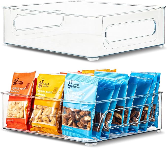 Plastic Food Storage 2 pack Clear Container Bin with Handles for Organizing Kitchen, Pantry, Refrigerator, Freezer, Pantry, Cabinet, Closet, Bathroom. Stackable 10”x8”x3” by primebox