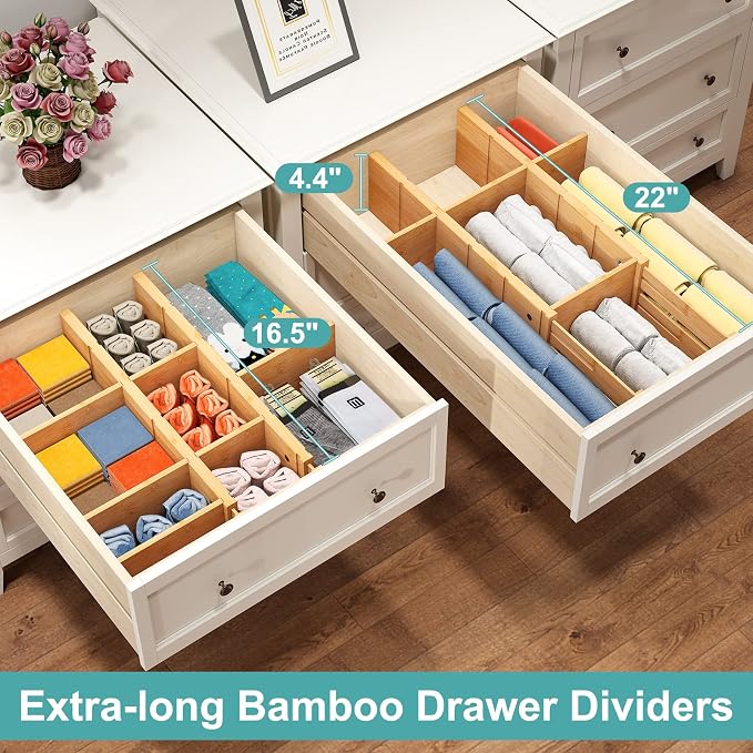 4.4" High Bamboo Drawer Dividers with Inserts, Kitchen Adjustable Drawer Organizers, Expandable Organization for Home, Office, Dressers, and Bathroom, 4 Divider with 8 Insert - Image 5