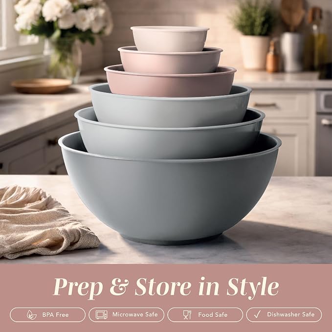 COOK WITH COLOR Mixing Bowls with TPR Lids - 12 Piece Plastic Nesting Bowls Set includes 6 Prep Bowls and 6 Lids, Microwave Safe Mixing Bowl Set (Pink Ombre) - Image 3