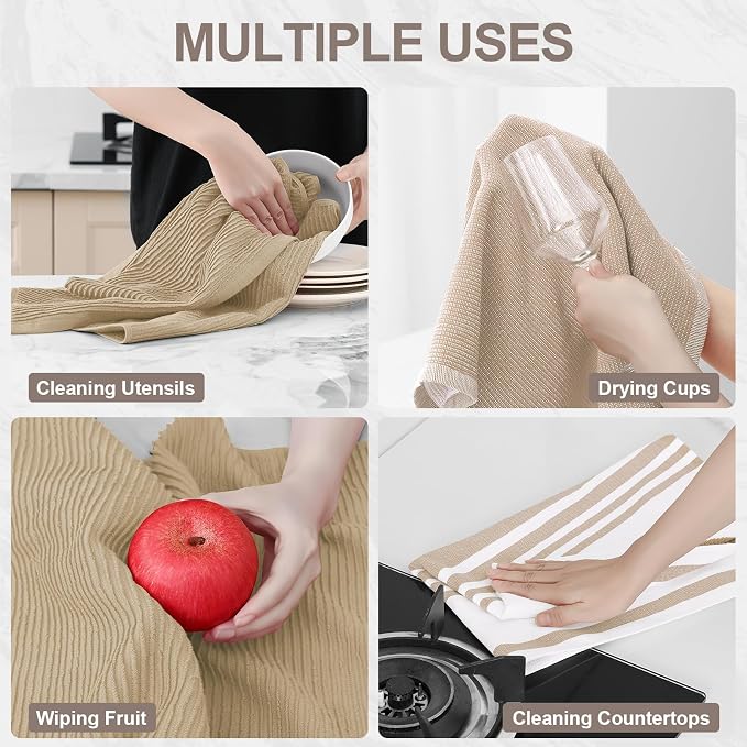 Homaxy Cotton 380 GSM Premium Kitchen Towels, 18"x 28", 12 Pack, Khaki | Soft and Absorbent Terry Dish Towels, Multipurpose Tea Towel Set with Hanging Loop, 3 Styles Kitchen Hand Towels - Image 4