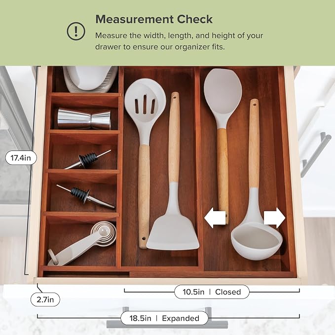 Utensil & Junk Drawer Organizer, 10.5-18.5 in, Acacia | Food-safe contract grade, 100% sustainable wood, non-slip, adjustable - Image 4