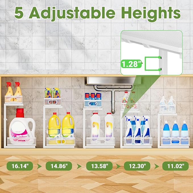 Under Sink Organizer 4-Pack, Metal 2-Tier Pull-Out Cabinet Shelf with Slide-Out Mesh Drawers, Height Adjustable, Space-Saving Storage Racks for Kitchen, Bathroom, Laundry Room, White - Image 8