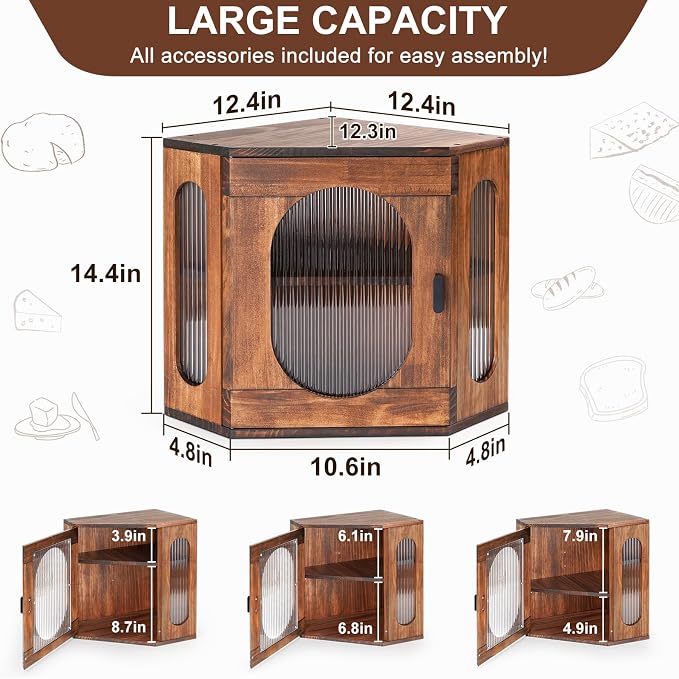 Sunhoo Bread Box for Kitchen Countertop Corner Bread Storage Wooden Breadbox Container 2 Layer Bread Holder Keeper Large Farmhouse Bread Bin Shelf for Homemade Pantry Vintage Acrylic Window(Brown) - Image 4