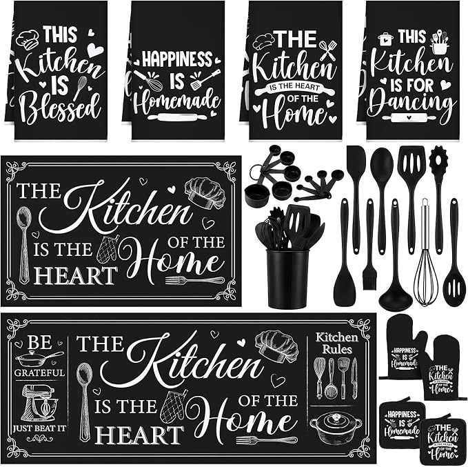 Fourluoo 30 Pcs Farmhouse Kitchen Decor and Utensils Set Rustic Kitchen Towels and Rugs Oven Mitts and Pot Holders Non Toxic Black Silicone Utensils Set Heat Resistant Dishwasher for Cooking by Fourluoo