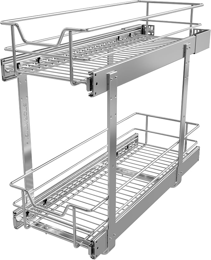 2 Tier Pull Out Cabinet Organizer 9" W X 22" D, Chromed, Full Slide Out | For Kitchen Organizers and Storage, Pull Out Drawers For Cabinets Capacity Heavy Duty Caddy, Cabinet Shelves, Bathroom Pantry by STORKING