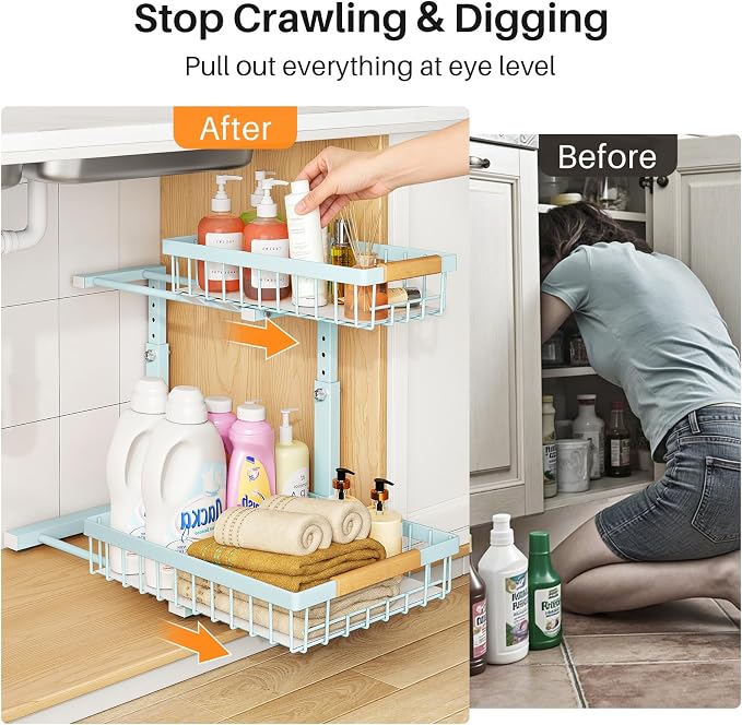 PXRACK Under Sink Organizer, Adjustable Height, 2 Tier Pull Out Under Cabinet Organizer, Slide Out Thickened Metal Under Sink Storage for Kitchen Bathroom Laundry Pantry Cabinet, Blue, Large-1-Pack - Image 3
