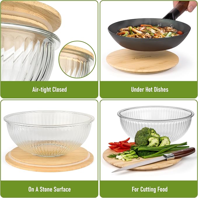Stackable Space-Saving Set of 5 Nesting Glass Bowls with Bamboo Lids for Foodprep, Storage, Baking, Mixing & Cooking, Microwave & Oven Safe BPA Free Heat Resistant Inert Borosilicate Glass - Image 3