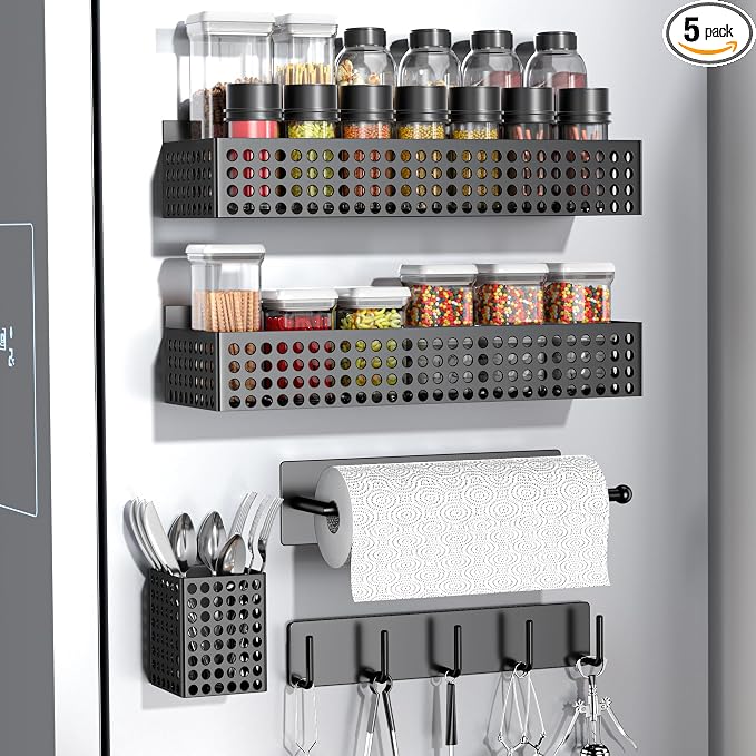 Magnetic Spice Rack for Refrigerator Set of 5 for Kitchen | Strong Magnetic Refrigerator Organizer 2 Tiers and Paper Towel Holder and Utensil Holder, Side Fridge Shelf for Storage by Toosci