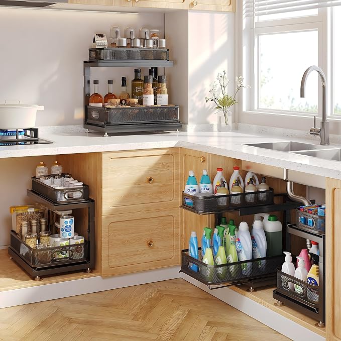 2-Pack Under Sink Storage Organizer with 2-Tier Slide Out Drawer, Sophisticated Mesh Pull Out Shelf for Kitchen & Bathroom, Fits Small Items, Upgraded Arched Track for Smooth Gliding(Patented) - Image 8