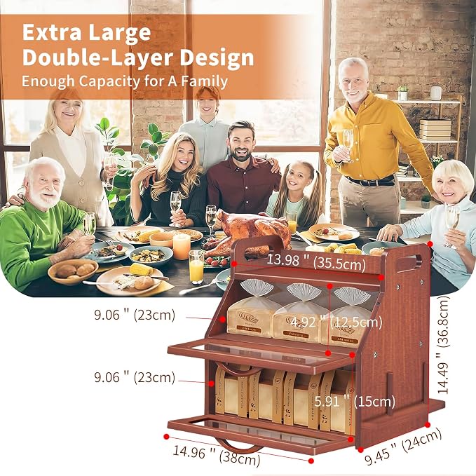 BAMBANG Bread Box for Kitchen Countertop, Extra Large Double Layer Bamboo Breadbox with Clear Window, Farmhouse Wooden Bread Storage Container for Homemade Bread, Knife & Cutting Board Holder, Brown - Image 2