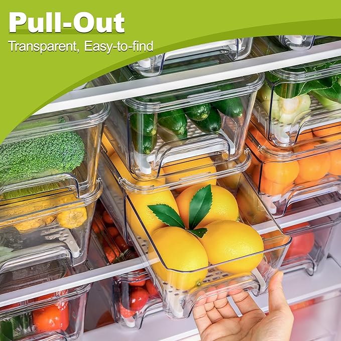 6-Pack Fridge Drawer Organizer, Pull-out Stackable Refrigerator Organizers and Storage, Clear Fruit Storage Containers Bins with Drain Tray for Kitchen Cabinet, Pantry Organization - Image 2