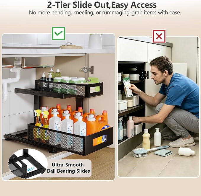 2 Pack Under Sink Organizer with Next-Gen Ball-Bearing Slides,2-Tier Pull Out Cabinet Storage,Height Adjustable Drawer Shelf for Bathroom,Kitchen,Laundry,Cabinet,Pantry(Patent Pending) - Image 4