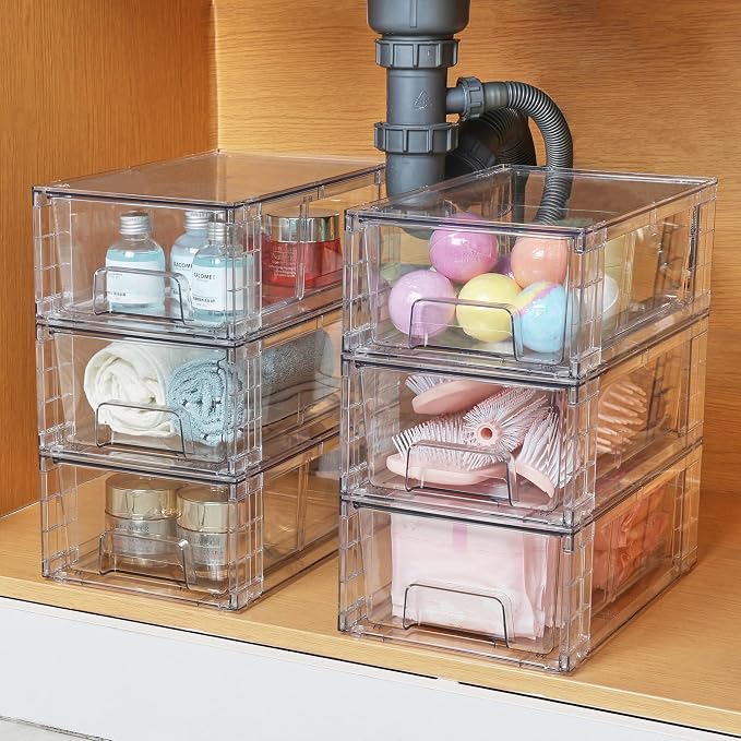 Vtopmart 4 Pack Stackable Storage Drawers,Clear Acrylic Drawer Organizers with Handles, Easily Assemble for Fridge, Bathroom,Kitchen Undersink,Cabinet,Pantry Organization and Storage | Clear Drawer Organizers with Removable Dividers for Flexible storag... - Image 2