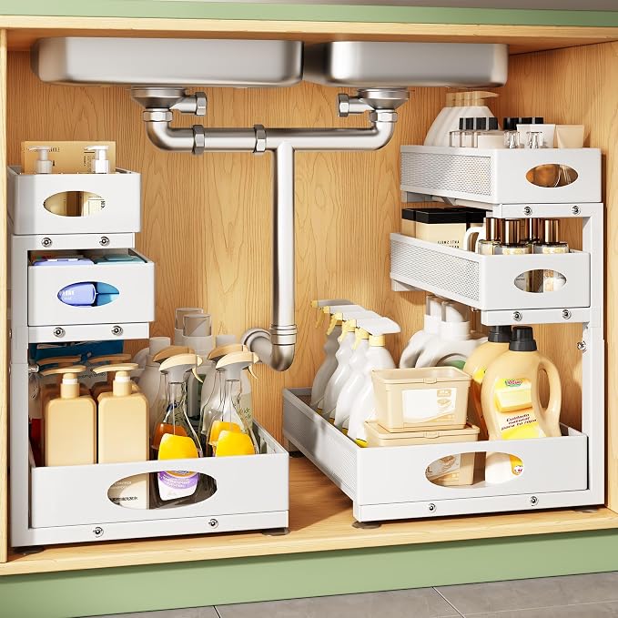 Kitstorack Under Sink Organizer 3-Tier Slide Out Drawer for Bathroom 2-Pack | Height Adjustable, Metal Mesh Storage Rack, Pull out Cabinet Organizer Shelf for Kitchen Pantry Home Laundry Organization by Kitstorack