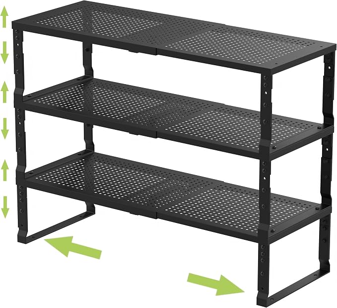 Jojocross Expandable Adjustable Stackable Kitchen Organizer, Spice Rack,Metal Pantry Storage Shelves Racks,Counter Shelf for Cabinets, Countertop, Cupboard (3 Packs/Large/Black) by JOJOCROSSHIGHQUALITYLIFE