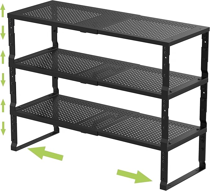 Jojocross Expandable Adjustable Stackable Kitchen Organizer, Spice Rack,Metal Pantry Storage Shelves Racks,Counter Shelf for Cabinets, Countertop, Cupboard (3 Packs/Large/Black) by JOJOCROSSHIGHQUALITYLIFE