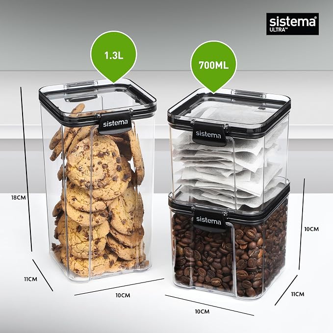 Sistema Tritan Ultra Airtight Pantry & Kitchen Storage Containers, 3-Pack, Clear Stackable Square Food Storage, BPA-Free, Dishwasher & Freezer-Safe (Microwave-Safe Without Lid) - Image 8
