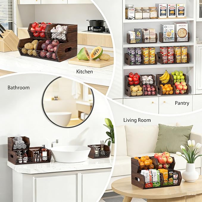 Wood Potato and Onion Storage Bins, Stackable Pantry Organizer, Rustic Produce Storage Baskets for Vegetable, Fruit and Snack - Image 4