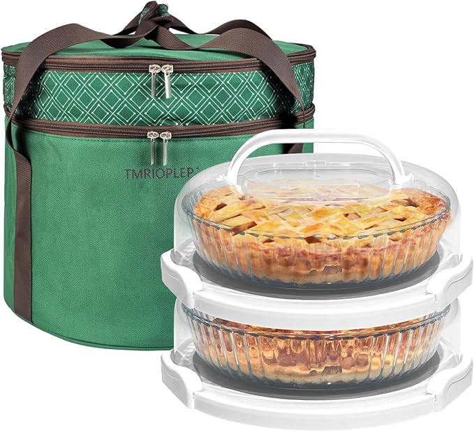 2 Pack Pie Carrier with Lids and Handles, Loadable Cupcake or Pizza Storage Containers, Includes Insulated Bags and Insulated Non-Slip Pads, Perfect for Transportation (Green) by CakePieInsulatedTransportat