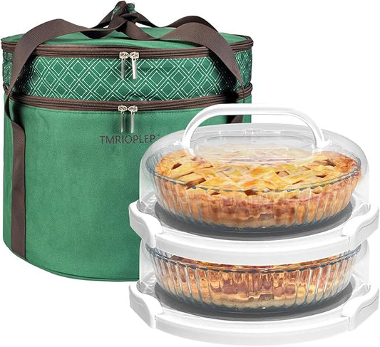 2 Pack Pie Carrier with Lids and Handles, Loadable Cupcake or Pizza Storage Containers, Includes Insulated Bags and Insulated Non-Slip Pads, Perfect for Transportation (Green) by CakePieInsulatedTransportat
