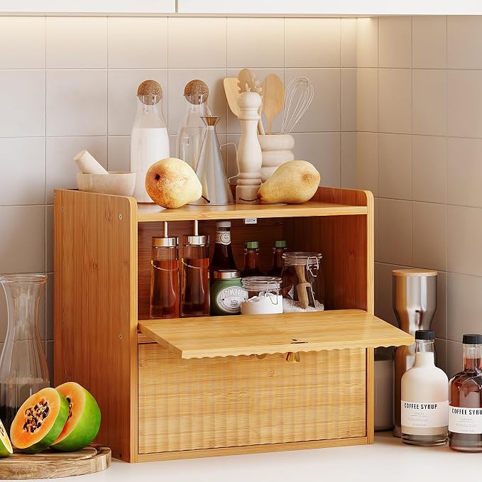 Trironsun Rustic Bread Box for Kitchen Countertop Bamboo Bread Storage Container Bin Double Layer BreadBox Farmhouse Large Capacity Food Organizer (Natural Bamboo) - Image 2
