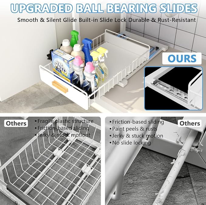 Under Sink Organizer Kitchen - Upgraded Professional Rails, 2 Tier Dual Pull Out Cabinet Storage, Height Adjustable Under Sink Storage, Metal Sliding Drawer for Kitchen & Bathroom, White, 2 Pack - Image 2
