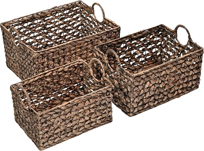 happimess Quinn Storage Baskets 3-Piece Hyacinth Rectangular 18", Brown | Hand-Woven Wicker Organizers, Durable Iron Metal Frame, Integrated Handles, Bohemian Cottage Decor For Nursery by Happimess