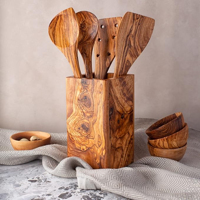 Olive Wood Large Utensil Holder - 6 x 4 Wooden Kitchenware Organizer - Rustic Utensil Holder - Handmade Spoons Holder for Countertop - Cooking Utensil Crock - Kitchen Tool & Accessories - Image 5