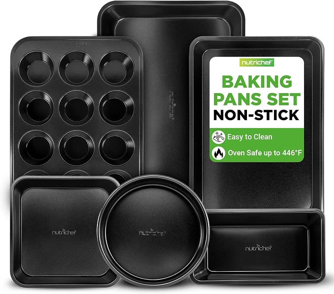 NutriChef Stackable Non-Stick Baking Pan Set – Carbon Steel Bakeware Set w/ Cookie Sheet, Muffin & Loaf Pan, Double Coated for Easy Release, Oven & Dishwasher Safe, Resists Warping, – Easy to Clean by NutriChef%E2%84%A2Kitchen