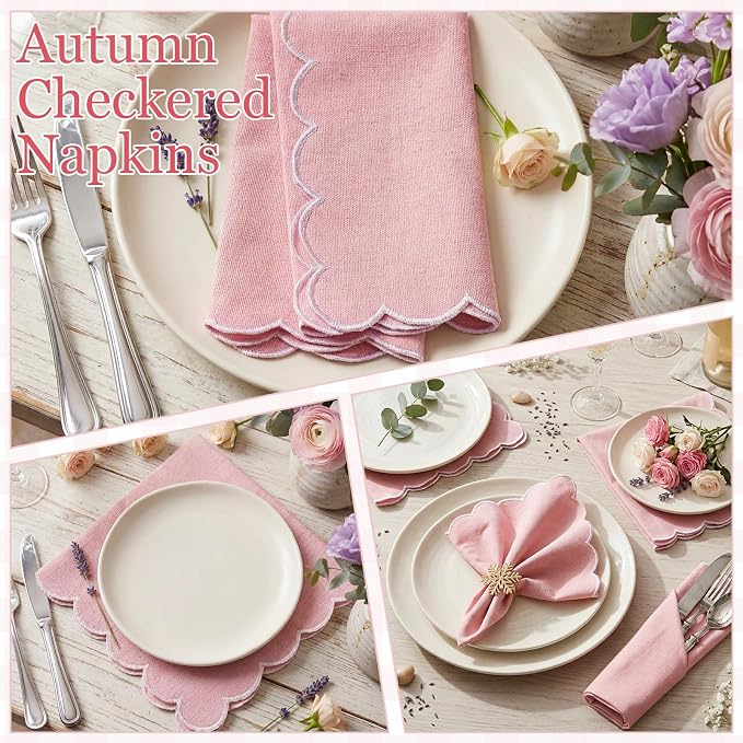 SmoothNovelty 12 Pack Buffalo Plaid Cloth Napkins 18x18 Inch Checkered Cloth Napkins Scalloped Soft Cotton Table Mat Washable Reusable for Dinner Wedding Holiday Birthday Parties (Cute,Pink) - Image 3