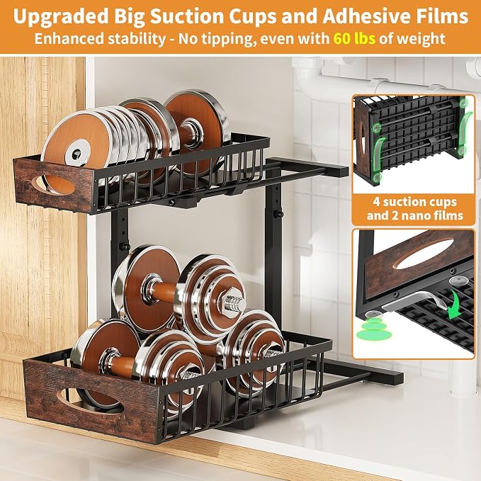 2-Tier Under Sink Organizer with Wooden Drawer Handle, 2 Pack Adjustable Height Pull Out Cabinet Organizer Shelf,Slide out Storage Drawer Rack for Kitchen Bathroom Laundry Room Pantry (Black) - Image 7