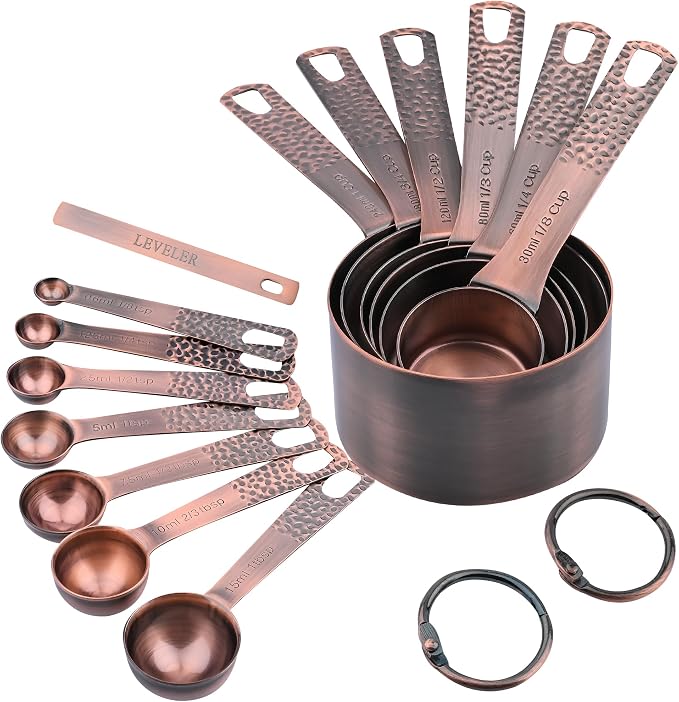 Copper Measuring Cups and Spoons Set 14, Stainless Steel Measure Cups and Spoons Set for Baking & Kitchen, 6 Metal Metric Measuring Cups and 7 Measuring Spoons 1 Leveler for Dry & Liquid by Viwehots