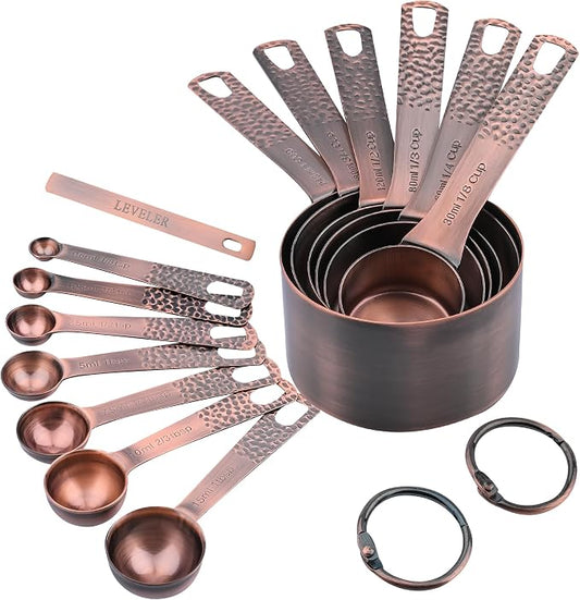 Copper Measuring Cups and Spoons Set 14, Stainless Steel Measure Cups and Spoons Set for Baking & Kitchen, 6 Metal Metric Measuring Cups and 7 Measuring Spoons 1 Leveler for Dry & Liquid by Viwehots