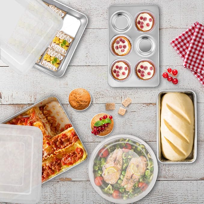 TeamFar Stainless Steel Bakeware Set of 5 | Baking Roasting Pan Set with Lid, Lasagna Pan with lid, Square & Round Cake Pan, Loaf Pan & Muffin Pan, Healthy & Sturdy - Image 3
