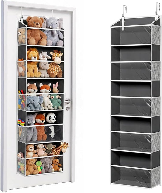 ULG Stuffed Animal Organizer Over the Door, Large Hanging Plush Toy Storage with Mesh Window, Cotton Kids Toy Organizer for Bedroom, Nursery, Playroom & Baby Items Dark Grey by ULG