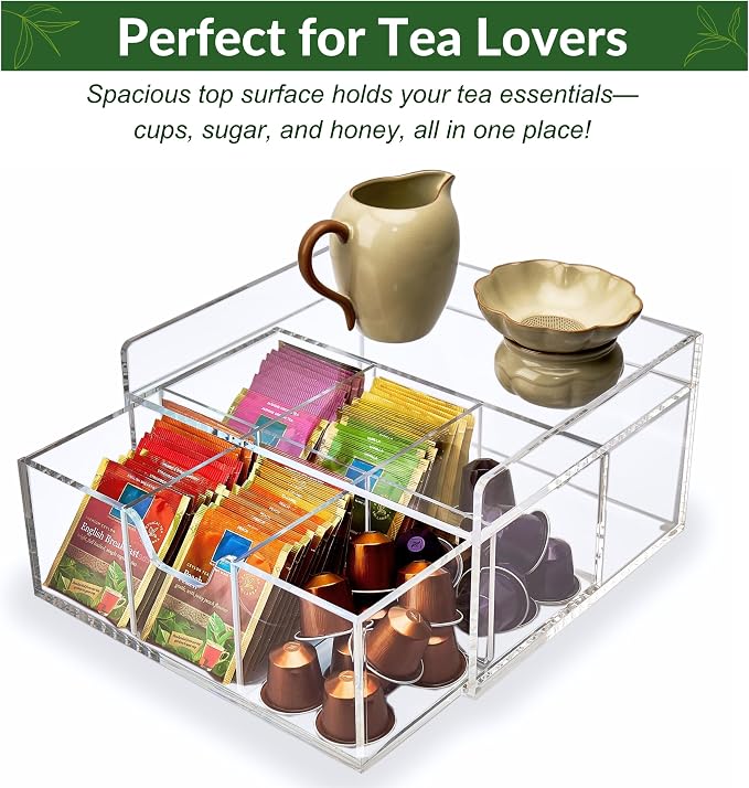 Heavy-Duty Acrylic Tea Station with 6-Compartment Drawer Organizer | Versatile Design: Features a smooth-sliding drawer with 6 compartments, plus a sturdy station top for coffee pods or mugs - Image 7