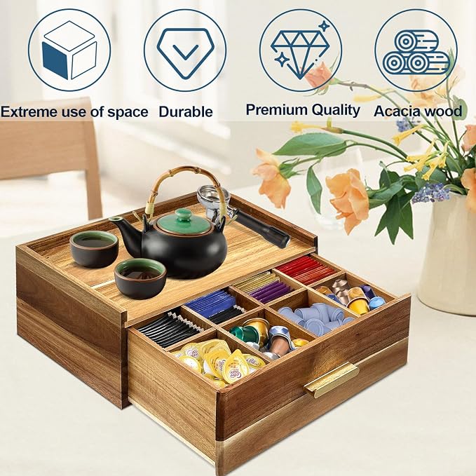 Thick&Thin Acacia Wood Tea Bag Organizer, Tea Organizers and Storage Box With Removable Divider Drawer, Tea Bag Holder Station Caddy Container for Countertop, Tea Accessories Gift Box (1Pcs) - Image 6