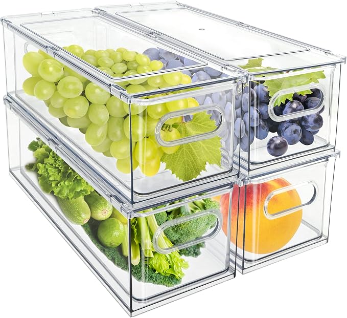 4Pack Stackable Fridge Drawers Pull-out Storage Bins with Handle Clear Food Container for Refrigerator Plastic Dresser Organizer Fruit&Veggie Keeper for Freezer Cabinet Kitchen Organization by MineSign