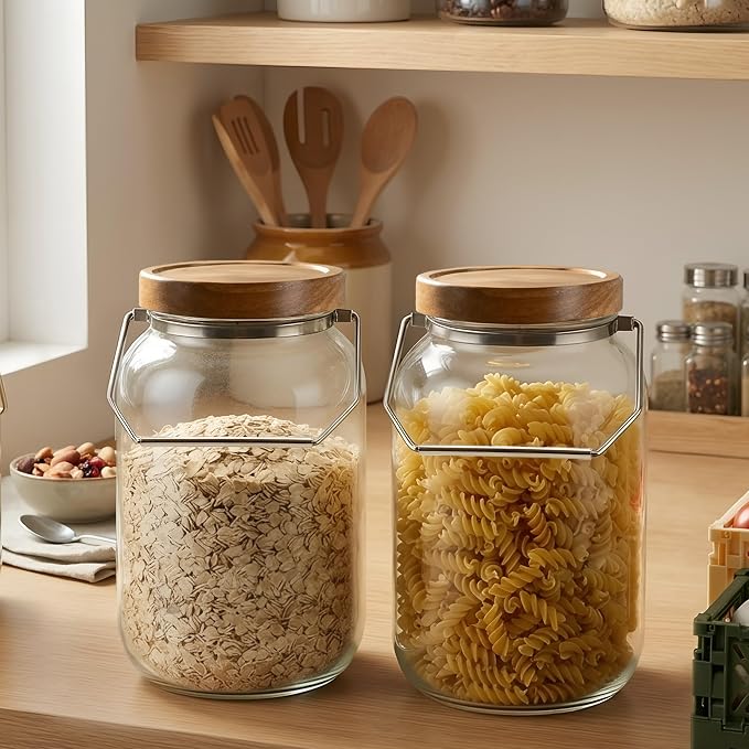 2 Pack Glass Flour Sugar Storage Containers with Handle, 1 Gallon Glass Jars with Airtight Lid, Wide Mouth Large Mason Jars 128oz for Rice, Pasta, Oats, Coffee Storage - Image 2