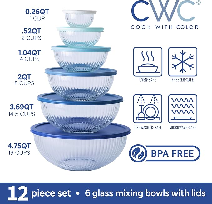 COOK WITH COLOR 12 Pc Glass Mixing Bowl Set with Lids – Borosilicate Glass Nesting Bowls for Cooking, Baking and Meal Prep, Fluted Blue - Image 3