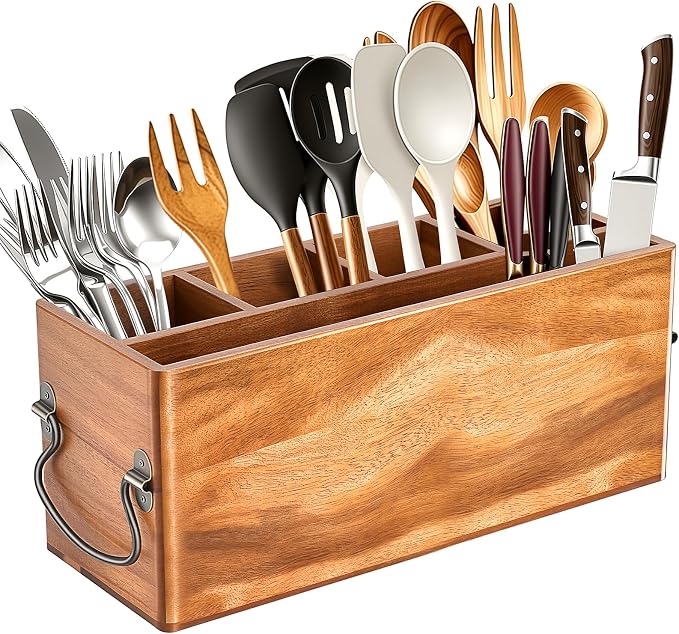 Kitchen Utensil Holder for Countertop Wooden Utensil Organizer with 5 Compartment Utensil Holder Durable Utensil Organizer Large Utensil Rack with Drain Holes Side Handles Stores Cooking Tools by Unknown