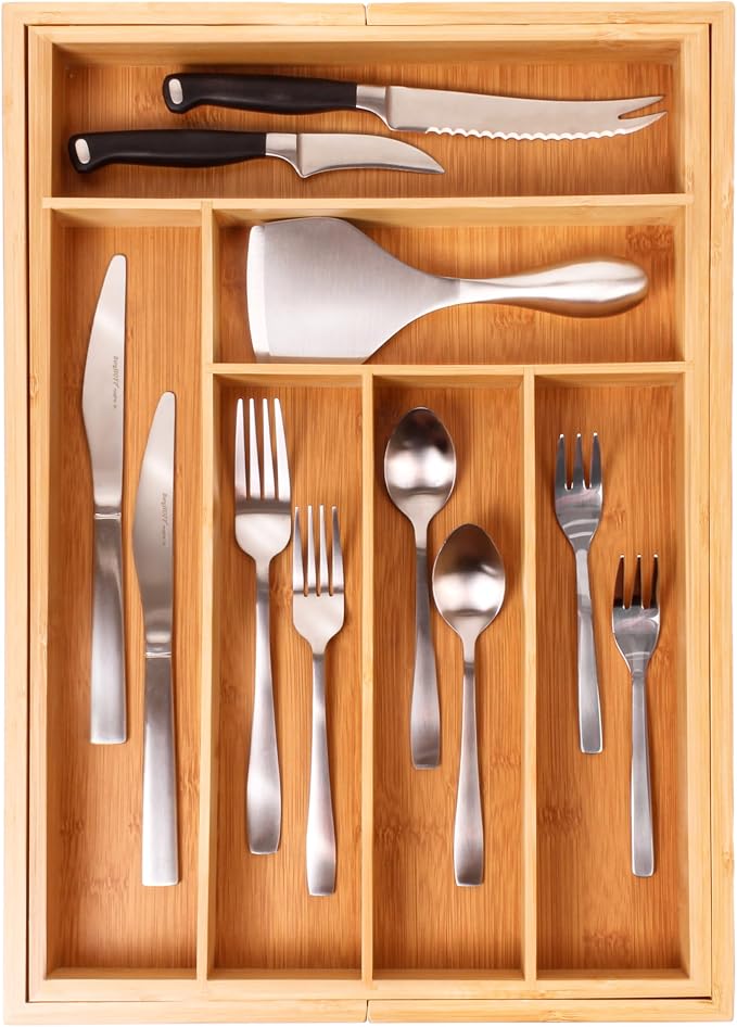 BergHOFF Bamboo 8-Slot Expandable Flatware Organizer, Expand between 12.75" to 18.5 | Durable Wood Drawer Divider For Flatware Storage, Adjustable Kitchen Silverware & Cutlery Tray, Fits 12.75" To 18.5" Drawers - Image 4
