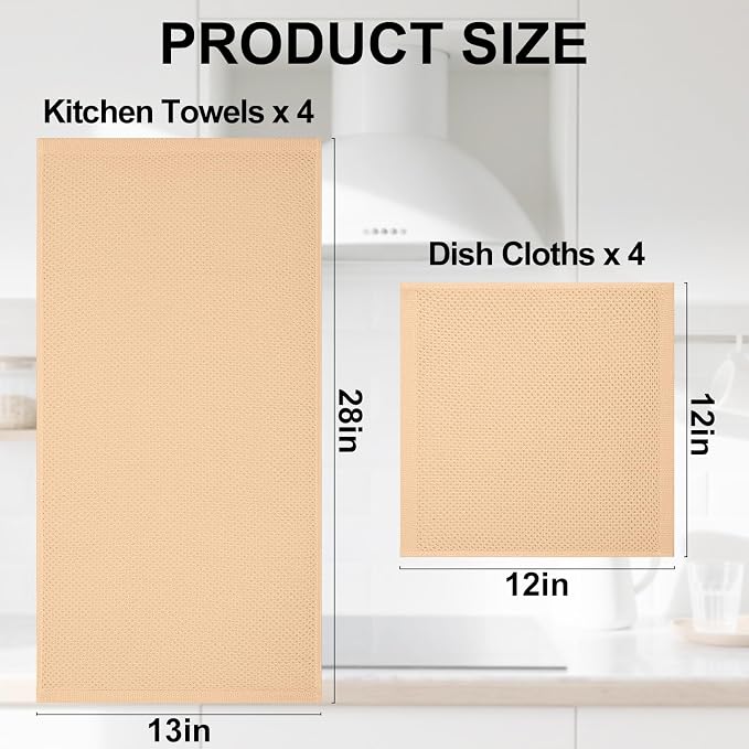 Homaxy 8 Pack 100% Cotton Kitchen Towels and Dishcloths Set, Apricot | 12 x 12 Inches and 13 x 28 Inches Kitchen Towels Set, Ultra Soft Absorbent Dish Cloths for Washing Dishes - Image 4