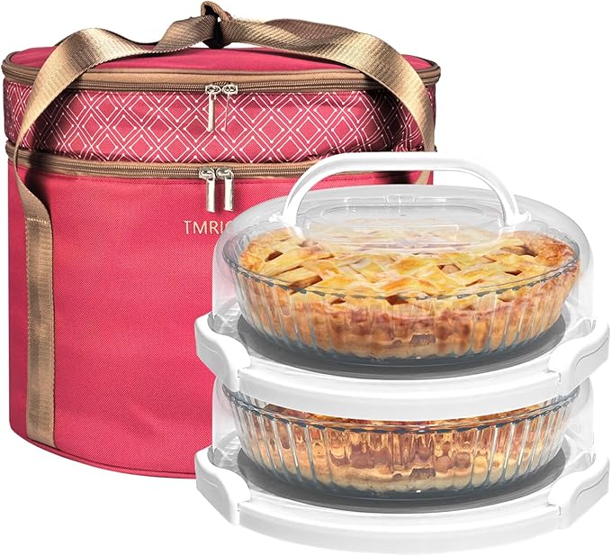 2 Pack Pie Carrier with Lids and Handles, Loadable Cupcake or Pizza Storage Containers, Includes Insulated Bags and Insulated Non-Slip Pads, Perfect for Transportation (Red) by CakePieInsulatedTransportat