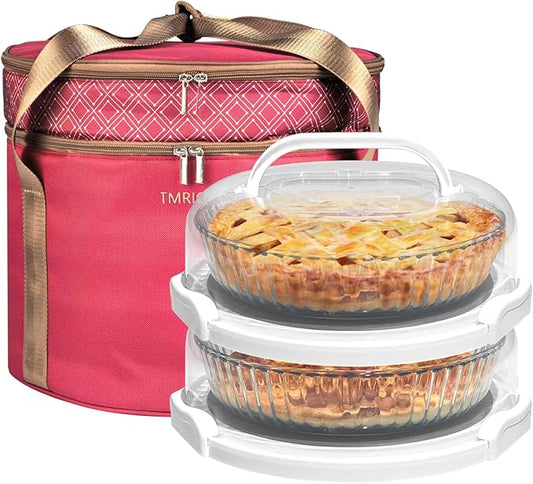 2 Pack Pie Carrier with Lids and Handles, Loadable Cupcake or Pizza Storage Containers, Includes Insulated Bags and Insulated Non-Slip Pads, Perfect for Transportation (Red) by CakePieInsulatedTransportat