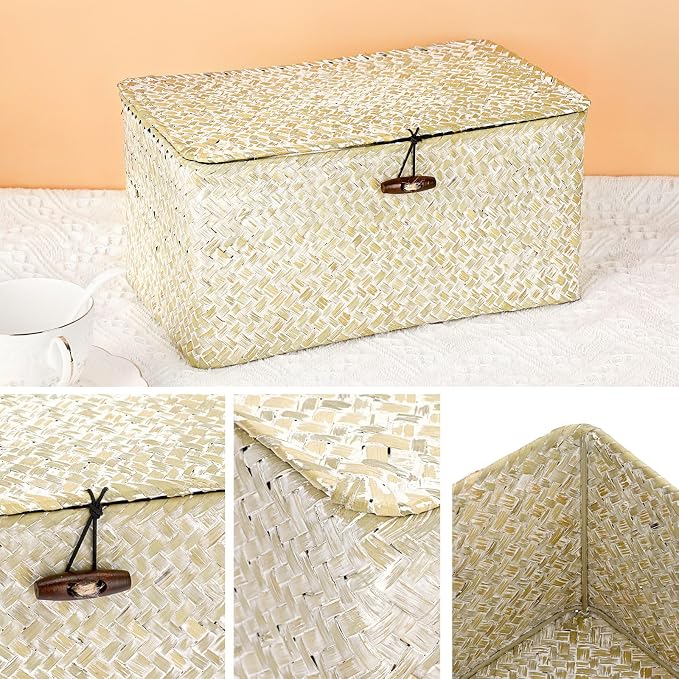 Hipiwe Seagrass Storage Basket Bins with Lid Handwoven Wicker Shelf Baskets | Rectangular Basket Household Organizer Boxes for Shelf Closet Bedroom Home Decor, Whitewash Medium - Image 2