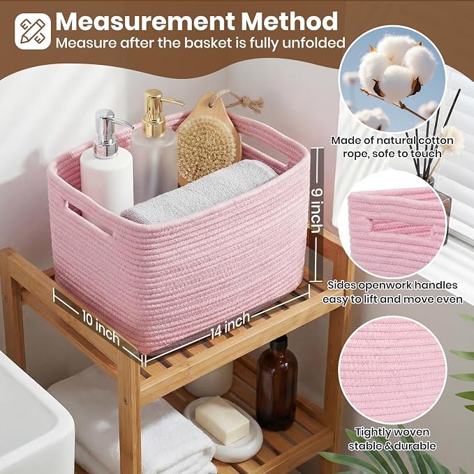 Storage Baskets for Organizing, 14 x 10 x 9” Closet Shelf Woven Baskets, Square Bins with Handles, Cotton Rope Basket for Clothes, Office, Room, Pink 3 Pack - Image 2